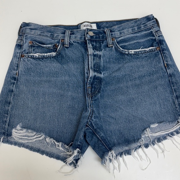 Agolde Blue Frayed Hem Denim Shorts - Picture 1 of 8